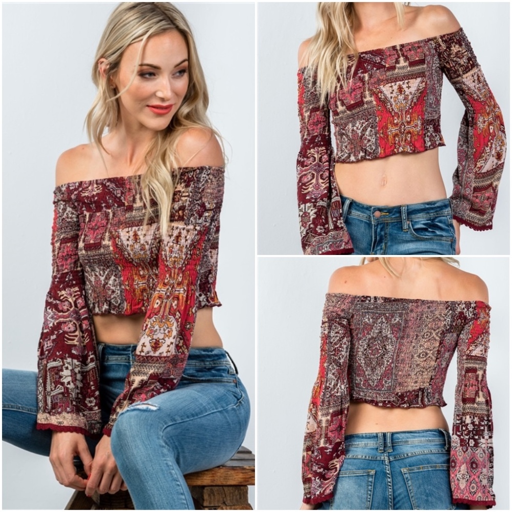 NEW! BOHEMIAN MIX PRINT CROP BELL SLEEVE TOP